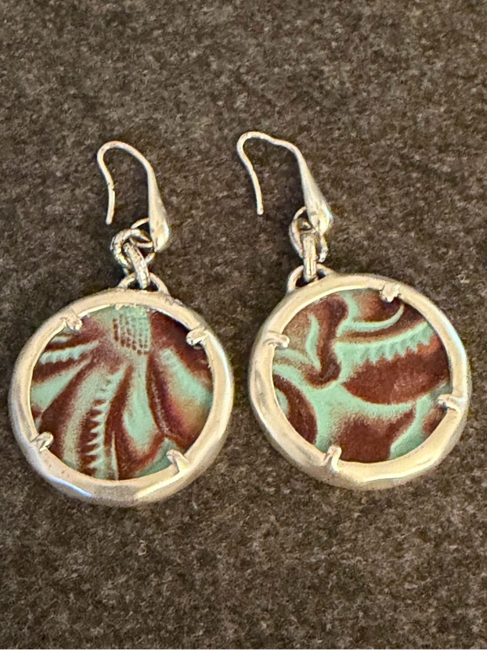 Patricia Nash Drop Earrings -Silver tone with Turquoise & Brown colored leather